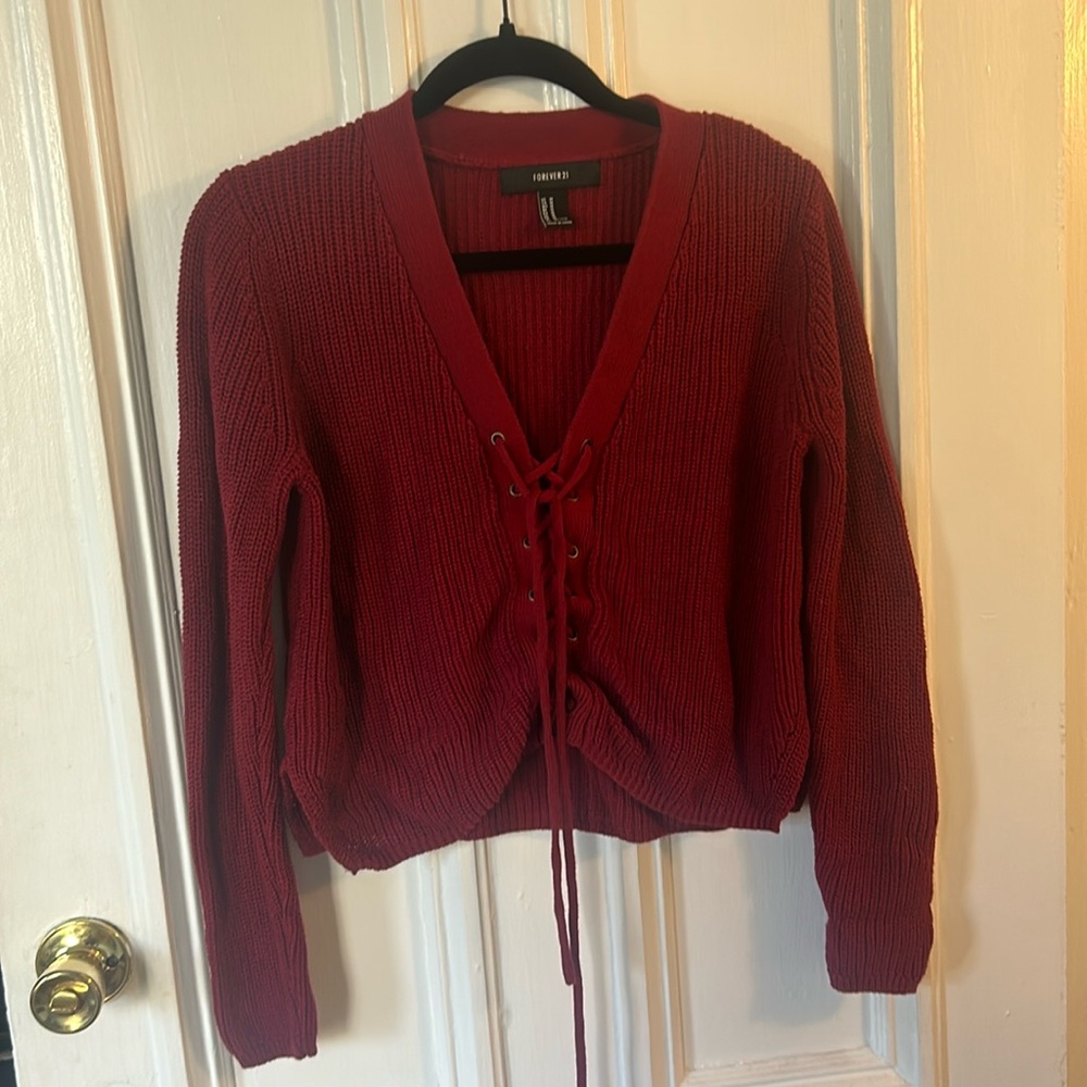 Forever 21 Cropped Red Laceup Sweater